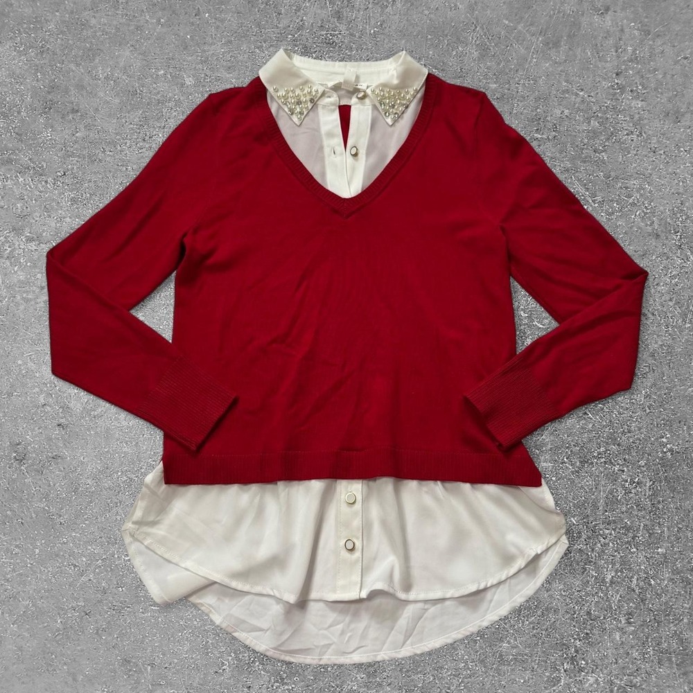 Rio & Rian Red Layered Sweater White Pearl Embellished Collar Size S NEW